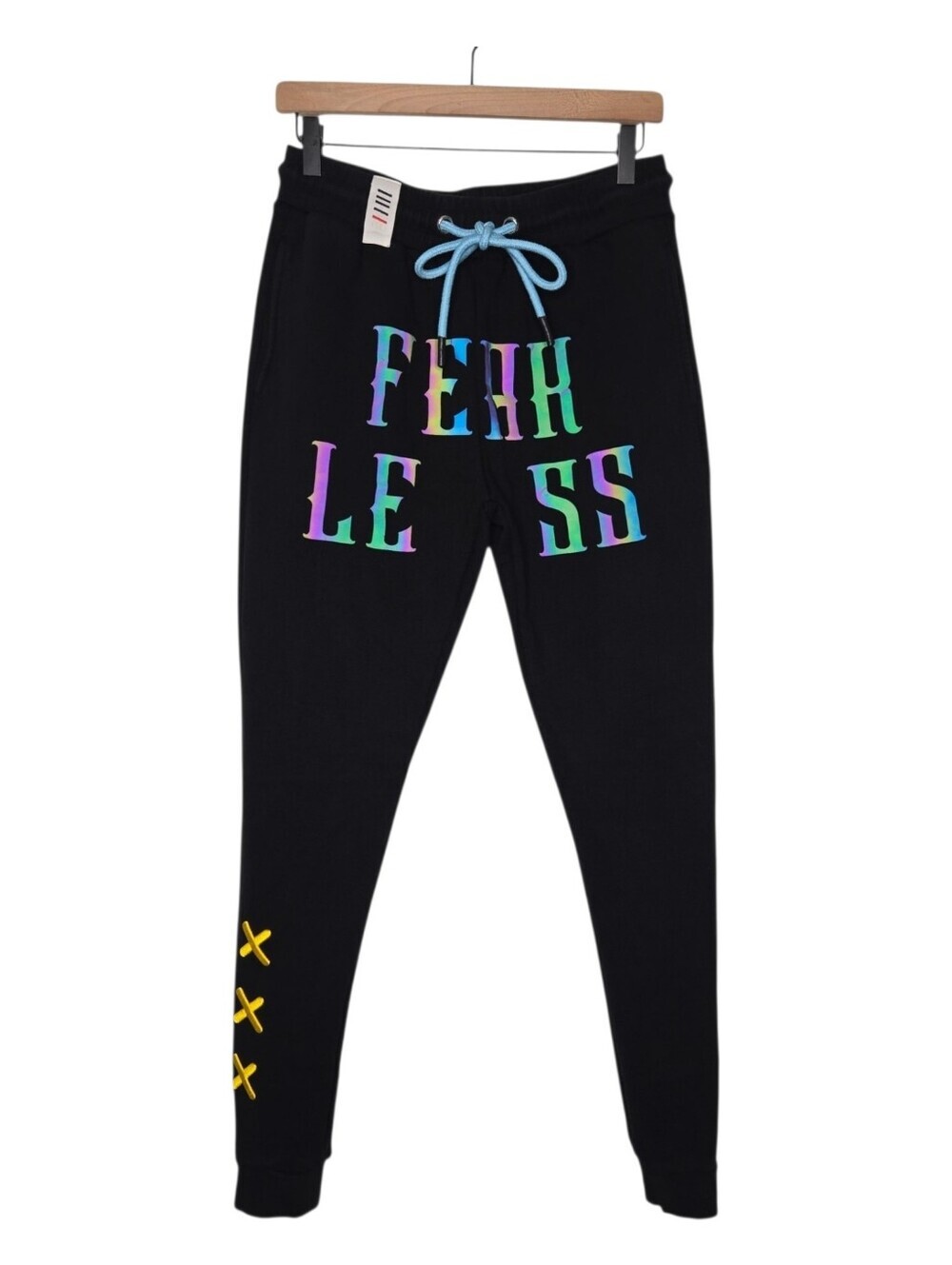 Fifth Loop Mens Black Holographic Embroidered Fearless Jogger Sweatpants Medium